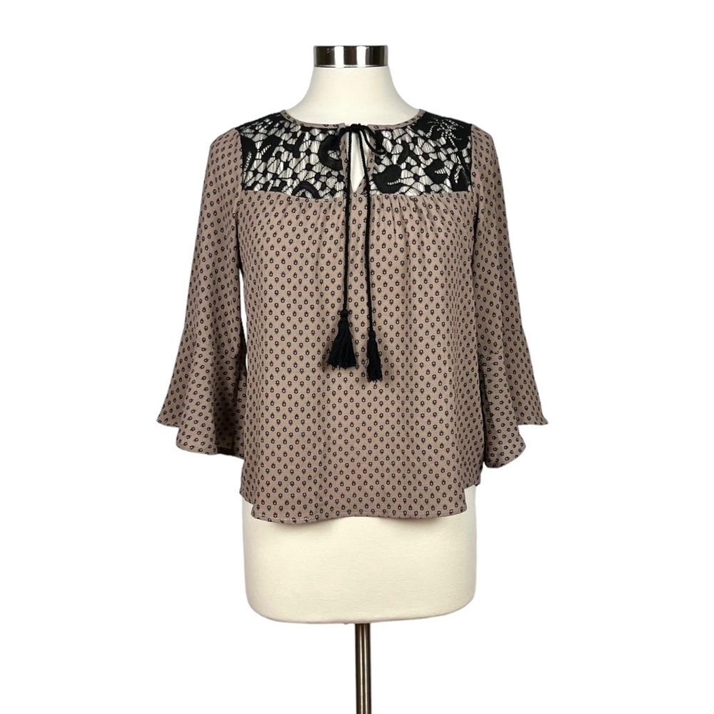 Lily White Tan and Black Tassel Tie Top with Crochet Lace